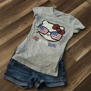 Gray Hello Kitty T-shirt Red White & Blue Size Small (6) Denim DKNY Shorts Sz 6X